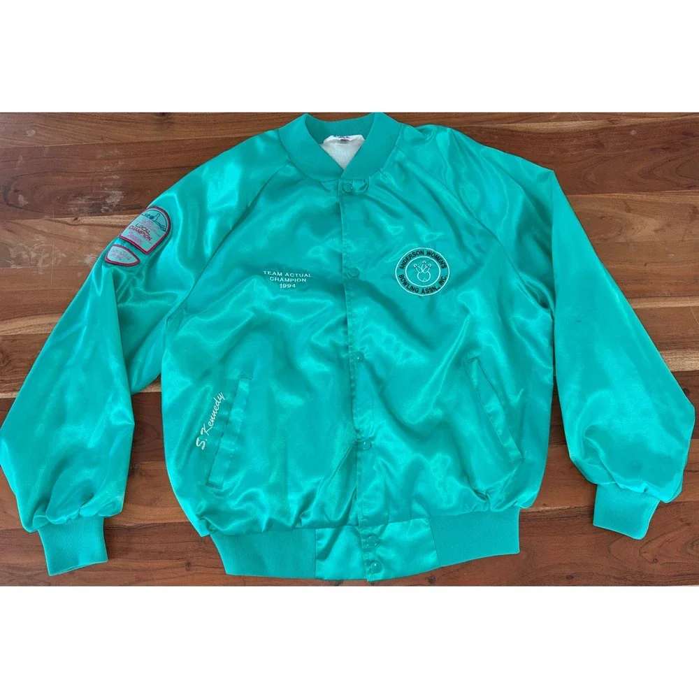 Vintage WestArk Bowling Jacket XL Teal Satin Bomber 1994 Champion Made in USA